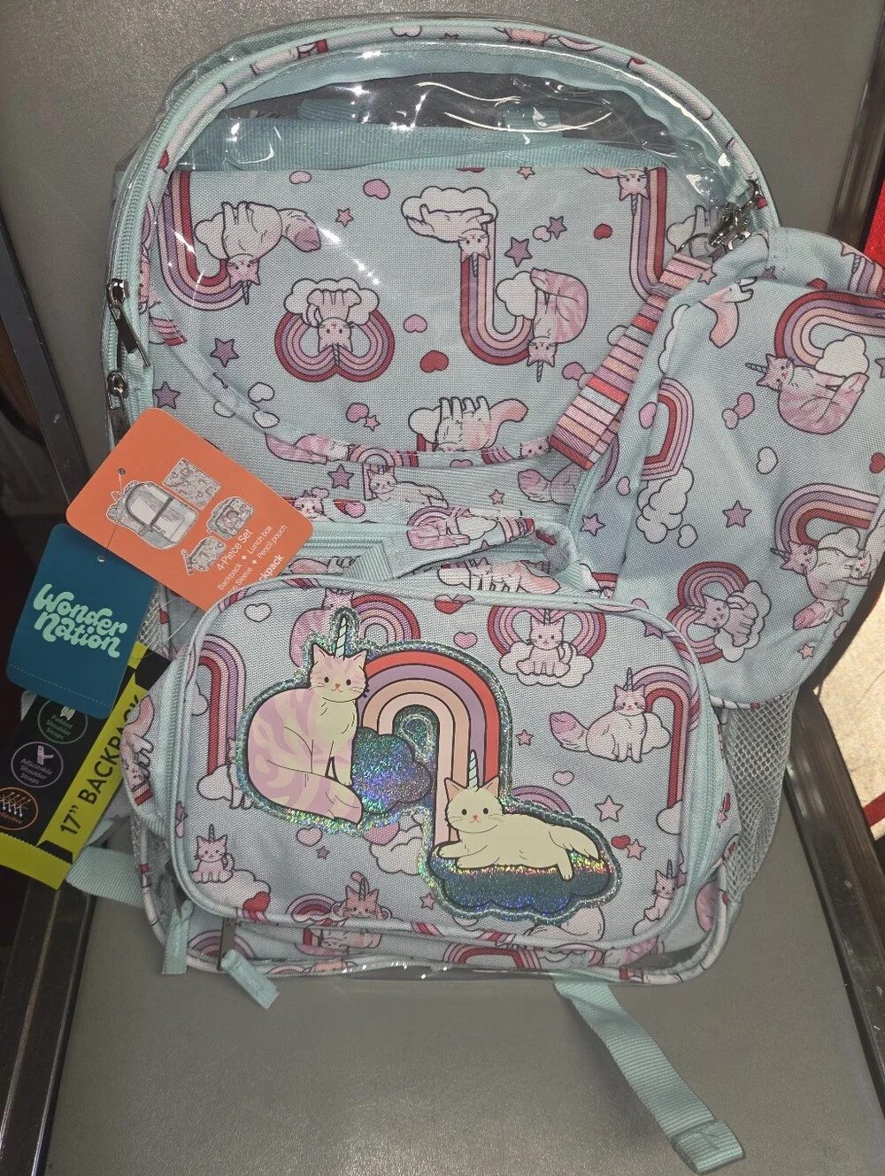 wonder nation Light Blue Unicorn Cat Rainbow Backpack with Lunch Bag
